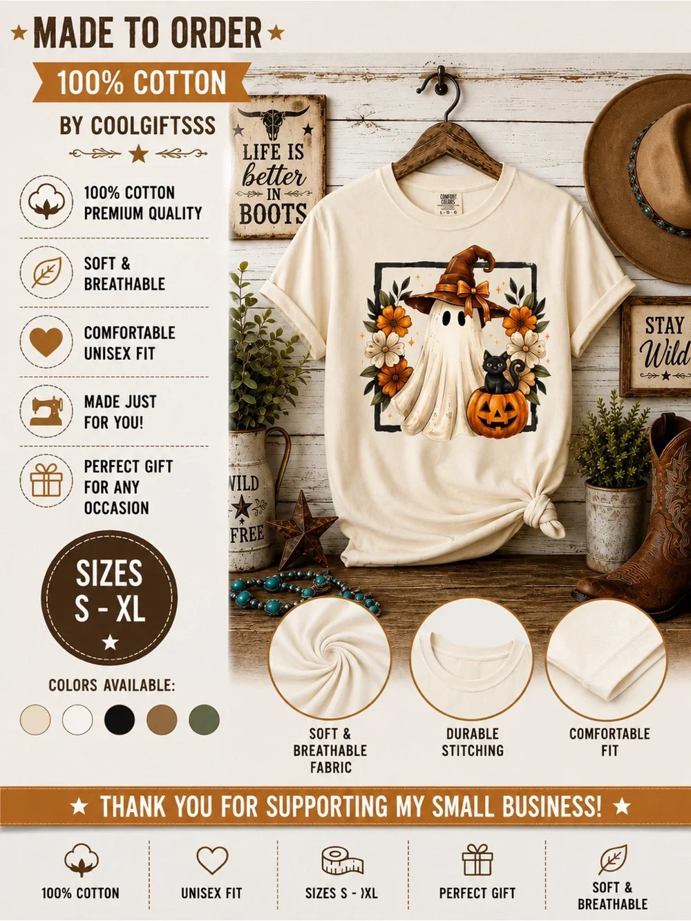Halloween Ghost Graphic Tee NEW S M L XL fun ghost with pumpkin and flowers sand